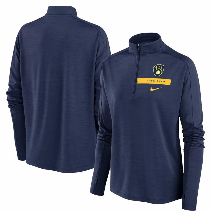 Clothing * | Women'S Nike Navy Milwaukee Brewers Primetime Local Touch Pacer Quarter-Zip Top