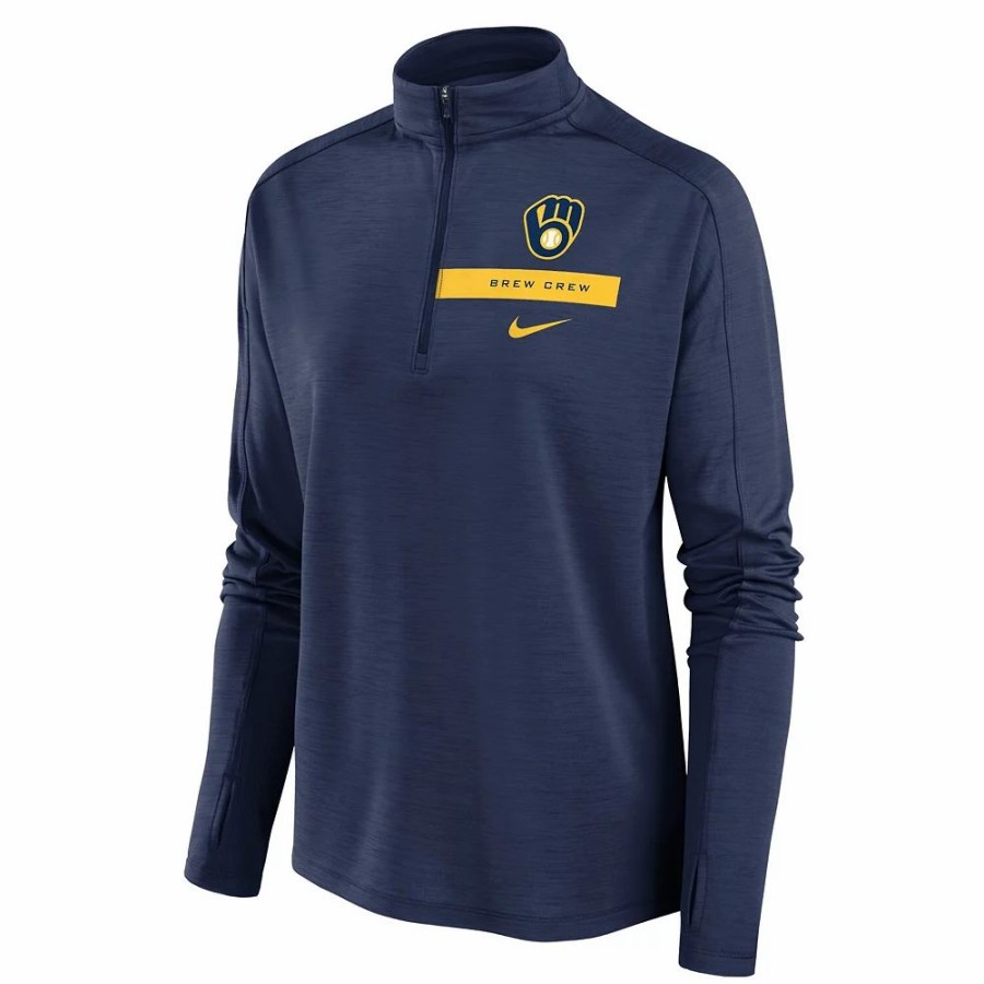 Clothing * | Women'S Nike Navy Milwaukee Brewers Primetime Local Touch Pacer Quarter-Zip Top