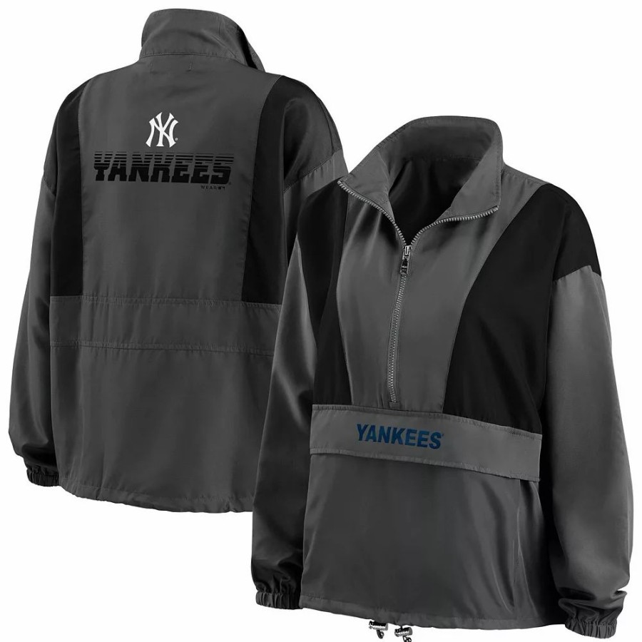 Clothing * | Women'S Wear By Erin Andrews Charcoal New York Yankees Packable Half-Zip Jacket