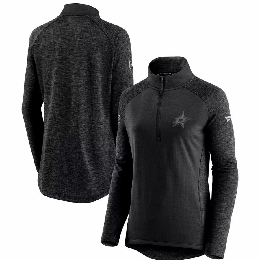 Clothing * | Women'S Fanatics Branded Black/Heathered Charcoal Dallas Stars Authentic Pro Travel & Training Raglan Quarter-Zip Jacket