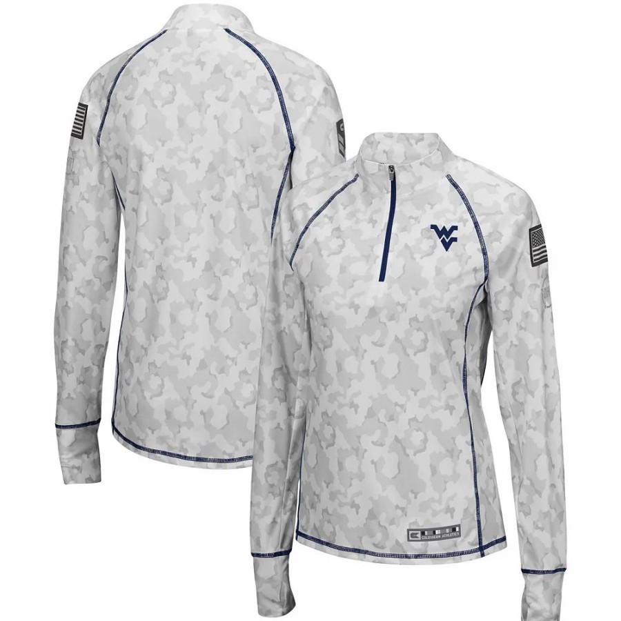 Clothing * | Women'S Colosseum White West Virginia Mountaineers Oht Military Appreciation Officer Arctic Camo 1/4-Zip Jacket