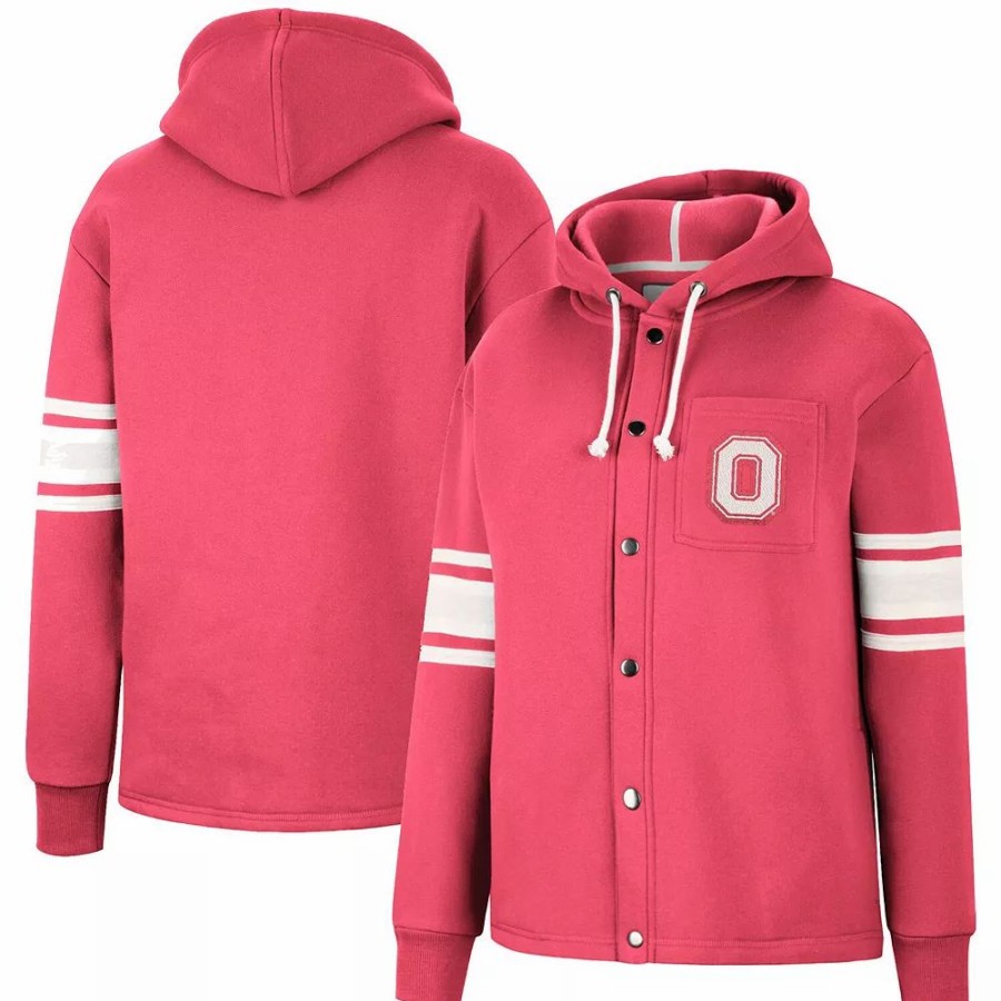 Clothing * | Women'S Colosseum Scarlet Ohio State Buckeyes Mia Striped Full-Snap Hoodie Jacket