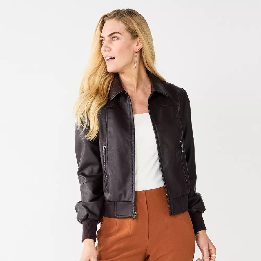 Clothing * | Women'S Nine West Faux-Leather Aviator Jacket