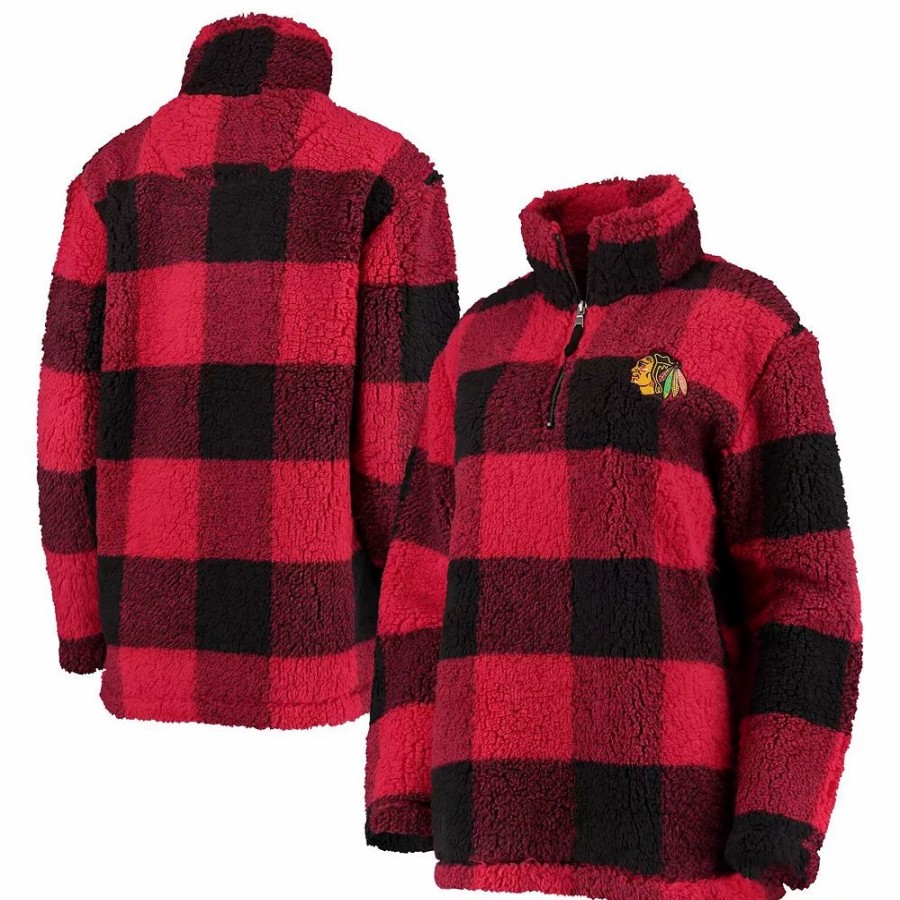 Clothing * | Women'S G-Iii 4Her By Carl Banks Red/Black Chicago Blackhawks Plaid Sherpa Quarter-Zip Jacket