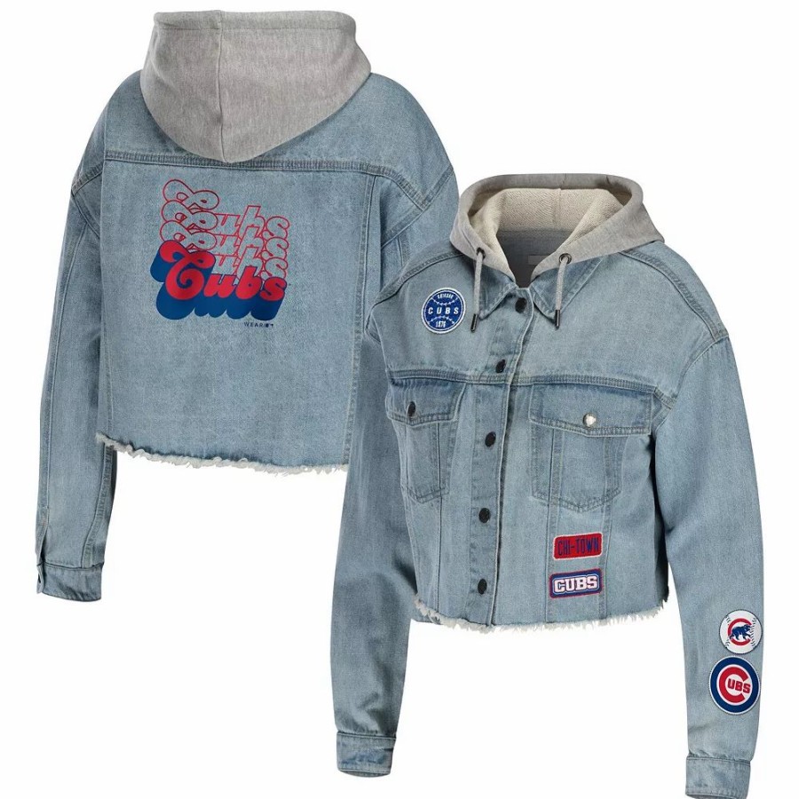 Clothing * | Women'S Wear By Erin Andrews Chicago Cubs Hooded Full-Button Denim Jacket