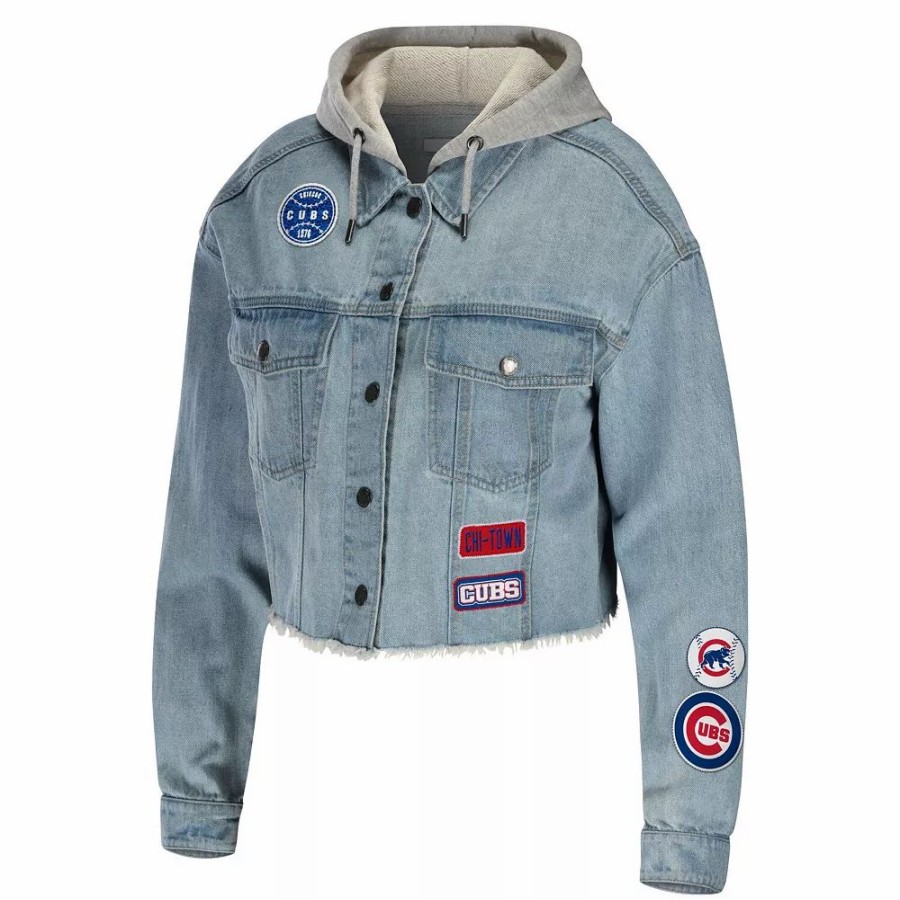 Clothing * | Women'S Wear By Erin Andrews Chicago Cubs Hooded Full-Button Denim Jacket