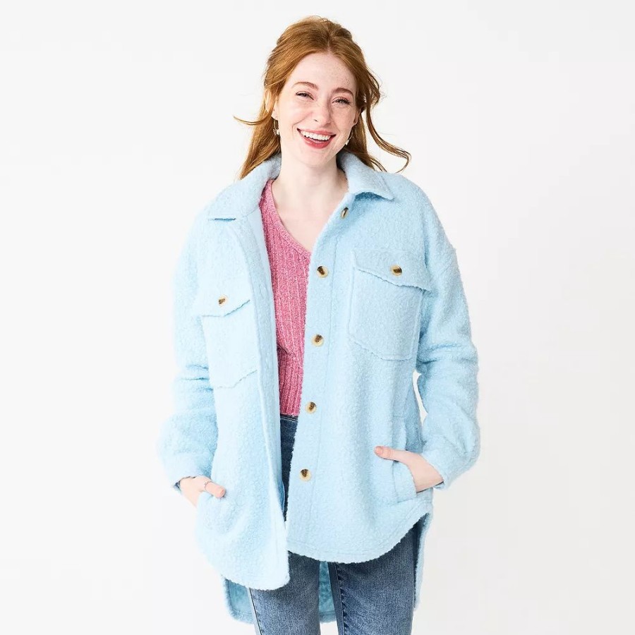 Clothing * | Juniors' So Oversized Teddy Sherpa Shacket Light Blue