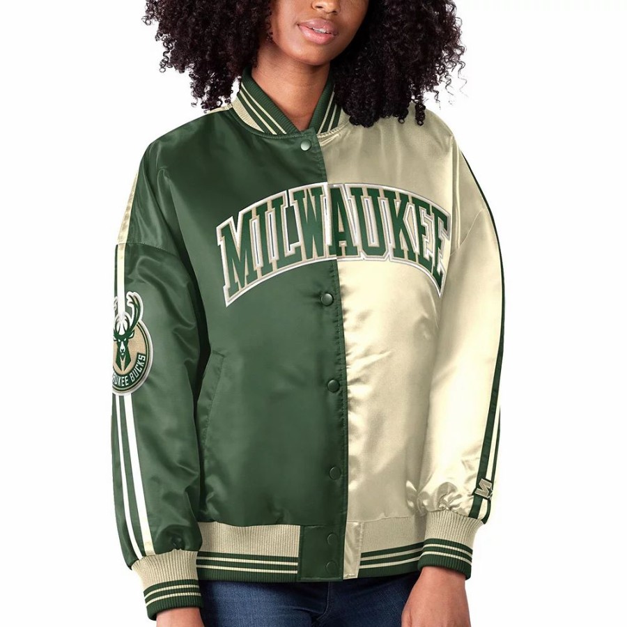 Clothing * | Women'S Starter Hunter Green/Cream Milwaukee Bucks Split Colorblock Satin Full-Snap Varsity Jacket