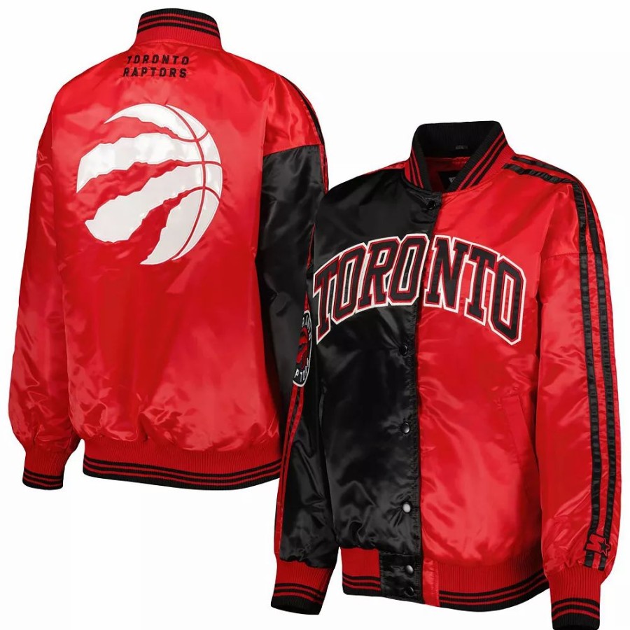 Clothing * | Women'S Starter Black/Red Toronto Raptors Split Colorblock Satin Full-Snap Varsity Jacket