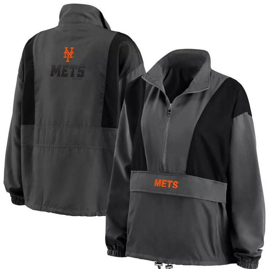 Clothing * | Women'S Wear By Erin Andrews Charcoal New York Mets Packable Half-Zip Jacket