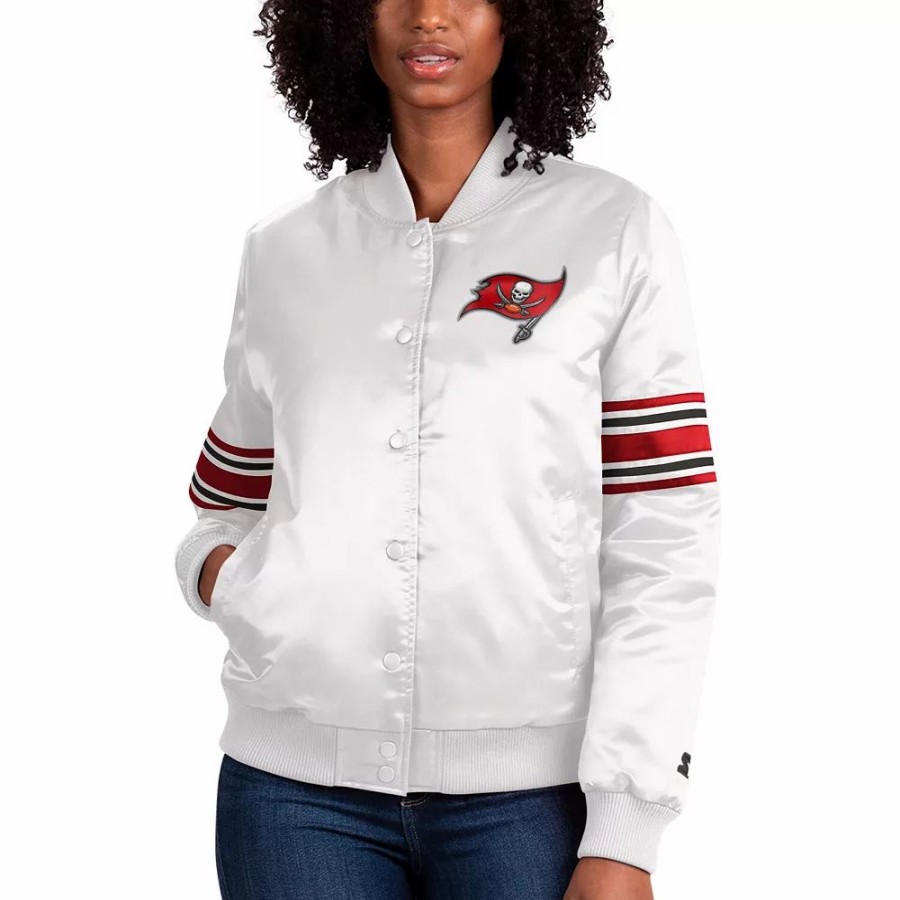 Clothing * | Women'S Starter Cream Tampa Bay Buccaneers Line Up Satin Full-Snap Varsity Jacket