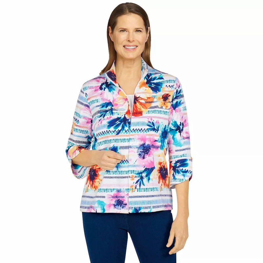 Clothing * | Plus Size Alfred Dunner Calypso Texture Floral Striped Jacket