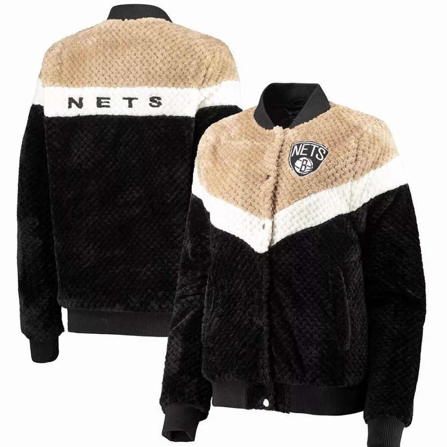 Clothing * | Women'S G-Iii 4Her By Carl Banks Black/Cream Brooklyn Nets Riot Squad Sherpa Full-Snap Jacket