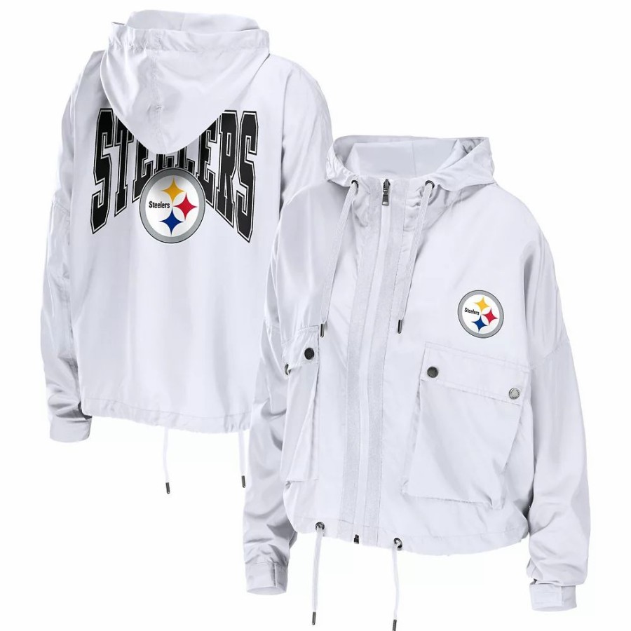 Clothing * | Women'S Wear By Erin Andrews White Pittsburgh Steelers Logo Full-Zip Hoodie