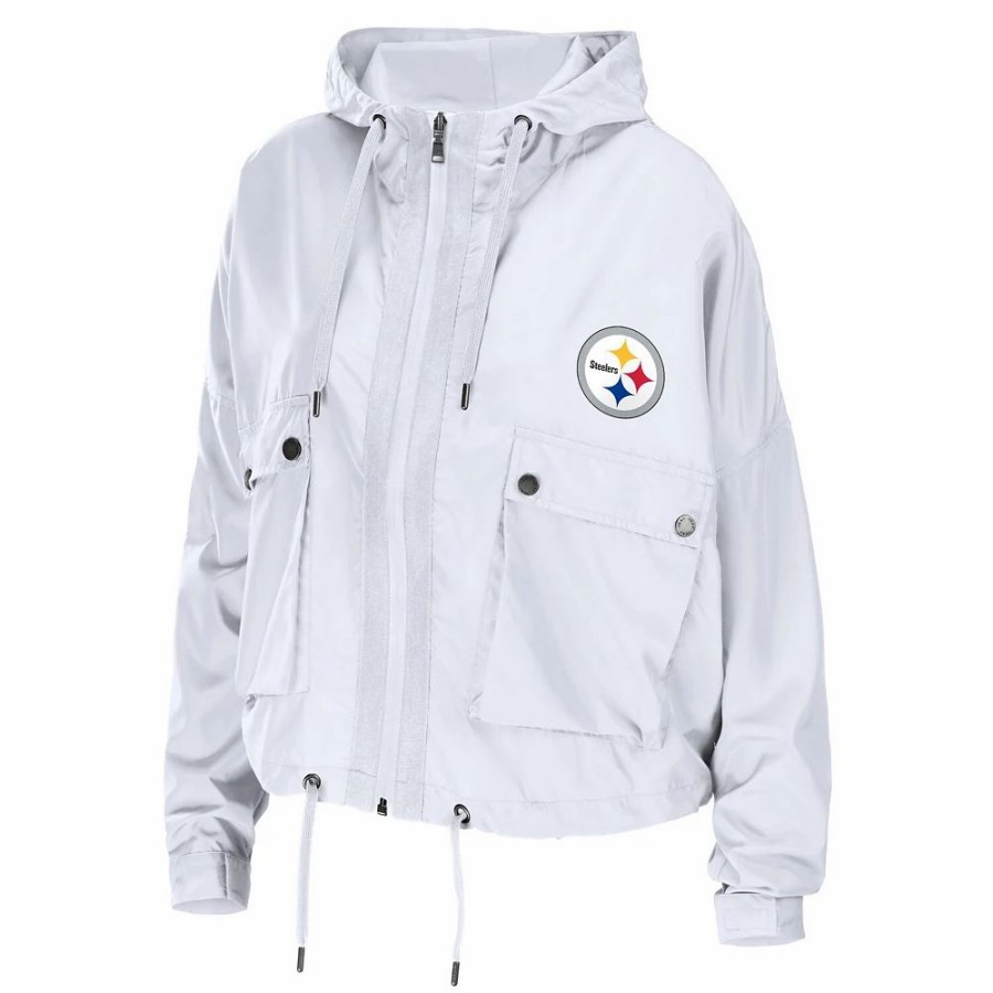 Clothing * | Women'S Wear By Erin Andrews White Pittsburgh Steelers Logo Full-Zip Hoodie