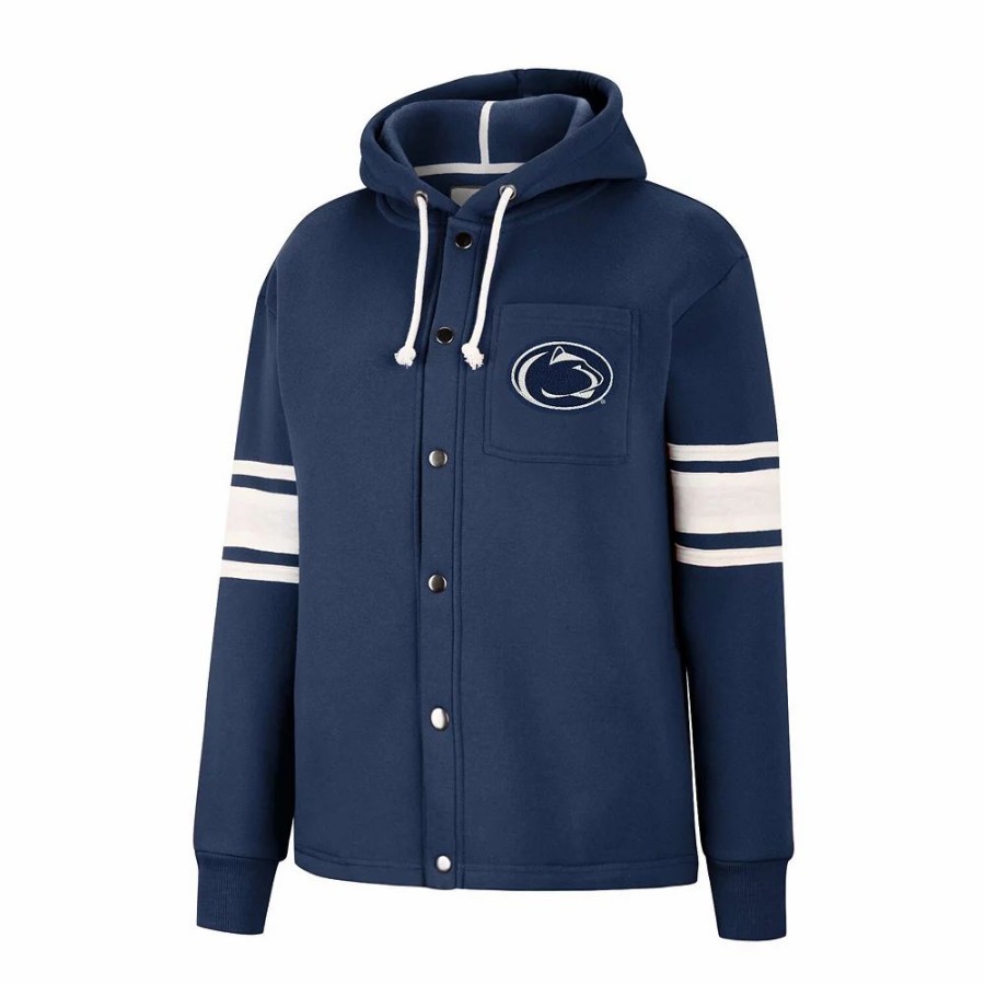 Clothing * | Women'S Colosseum Navy Penn State Nittany Lions Mia Striped Full-Snap Hoodie Jacket