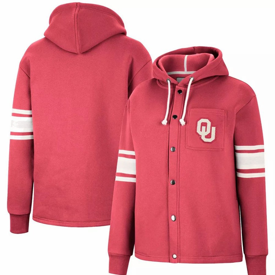 Clothing * | Women'S Colosseum Crimson Oklahoma Sooners Mia Striped Full-Snap Hoodie Jacket