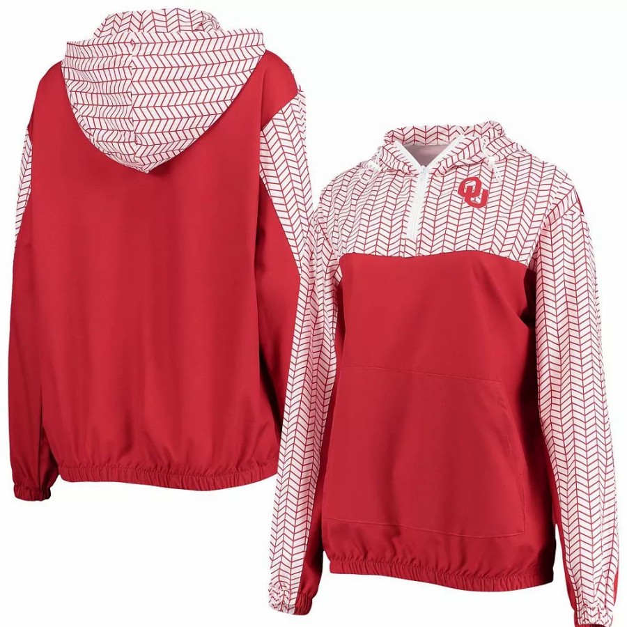 Clothing * | Women'S Zoozatz Crimson Oklahoma Sooners Chevron Swishy Quarter-Zip Hoodie Jacket