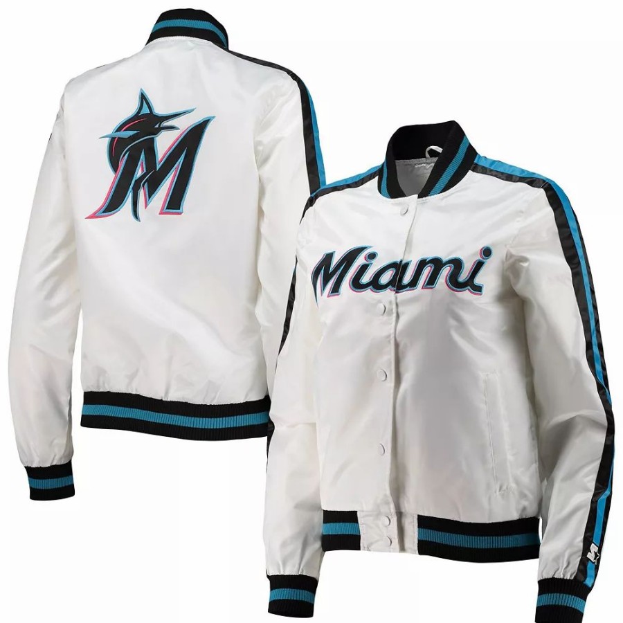 Clothing * | Women'S Starter White Miami Marlins Hometown Satin Full-Snap Jacket