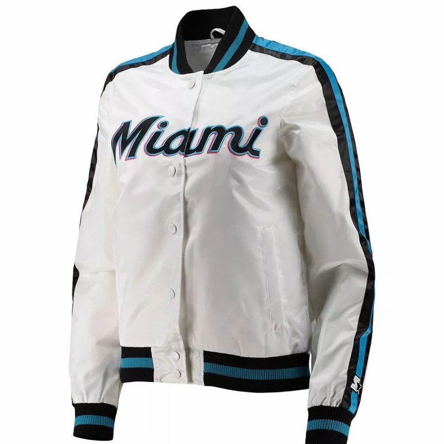 Clothing * | Women'S Starter White Miami Marlins Hometown Satin Full-Snap Jacket