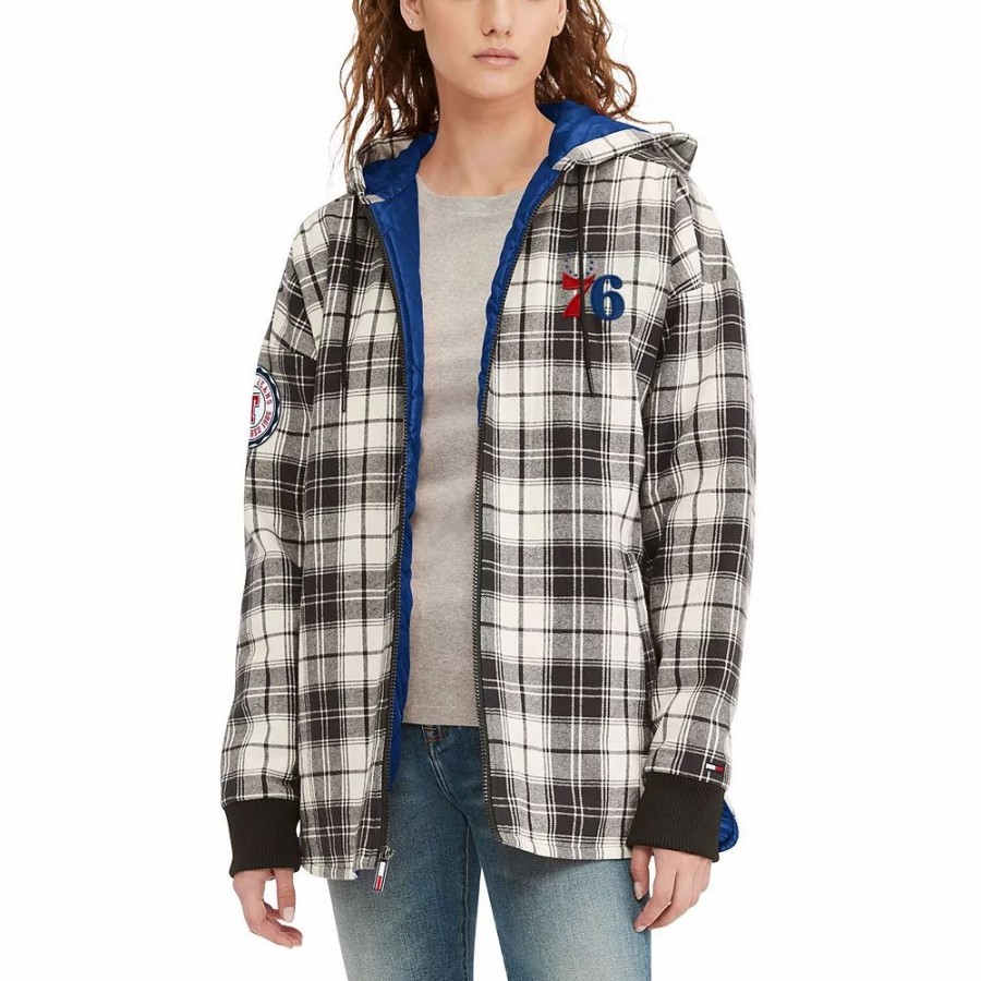 Clothing * | Women'S Tommy Jeans Black/Cream Philadelphia 76Ers Molly Flannel Full-Zip Hoodie