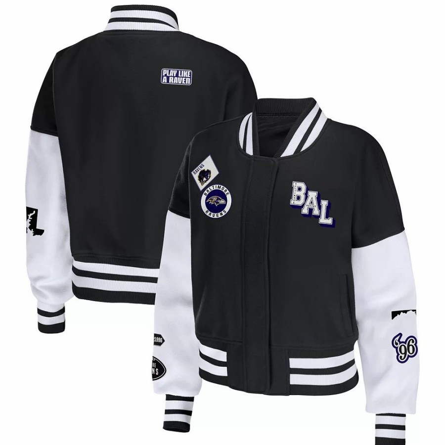 Clothing * | Women'S Wear By Erin Andrews Black/White Baltimore Ravens Full-Zip Varsity Jacket