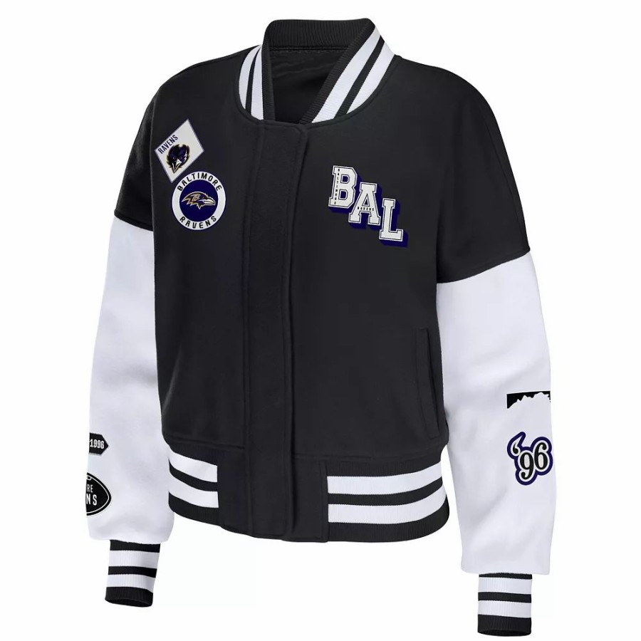 Clothing * | Women'S Wear By Erin Andrews Black/White Baltimore Ravens Full-Zip Varsity Jacket