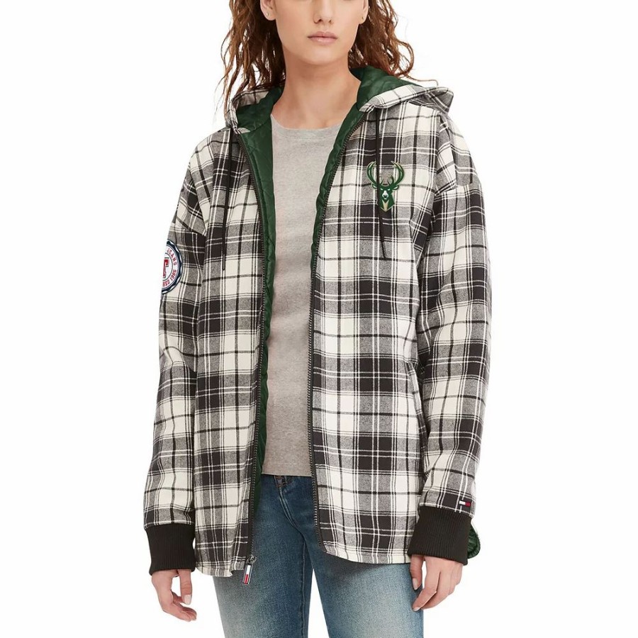 Clothing * | Women'S Tommy Jeans Black/Cream Milwaukee Bucks Molly Flannel Full-Zip Hoodie