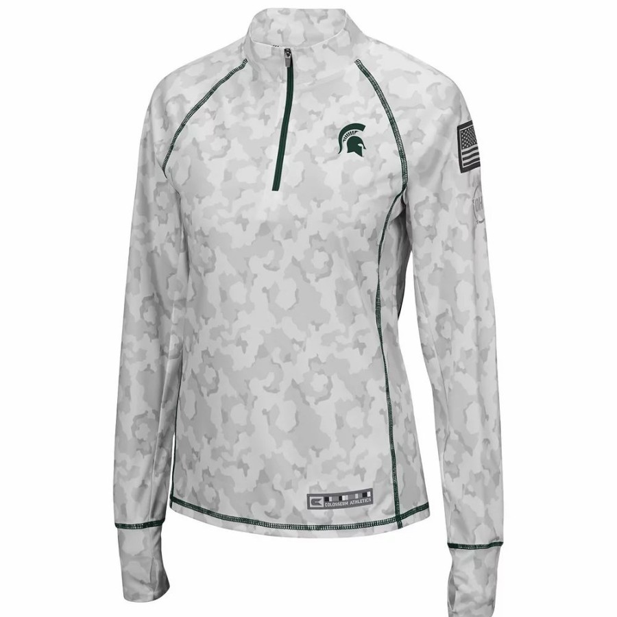 Clothing * | Women'S Colosseum White Michigan State Spartans Oht Military Appreciation Officer Arctic Camo 1/4-Zip Jacket