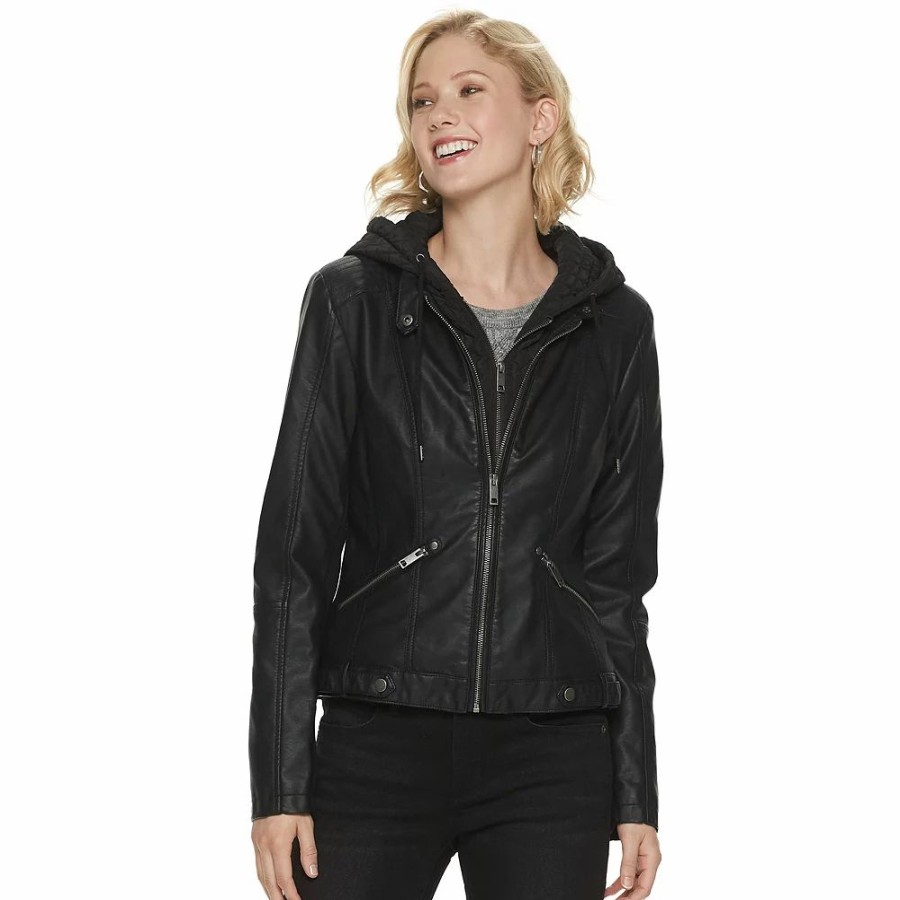 Clothing * | Women'S Sebby Collection Hooded Faux-Leather Jacket