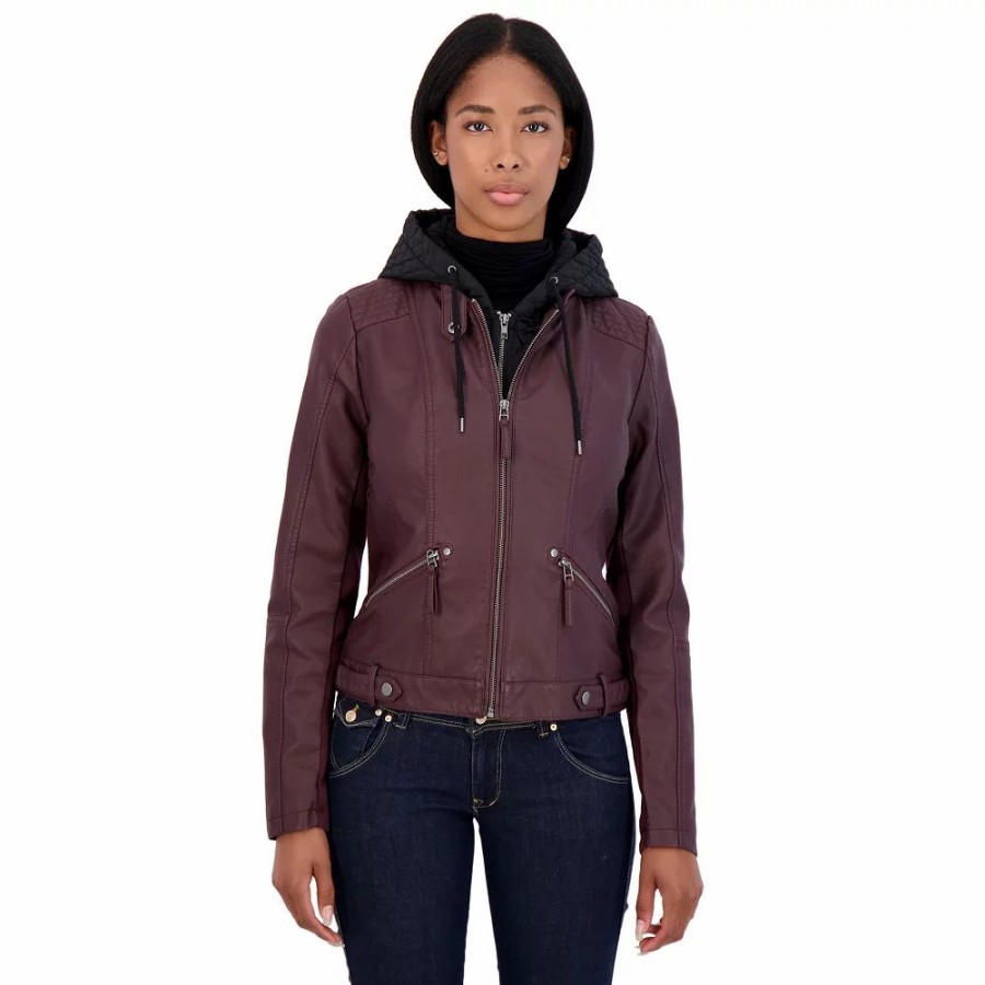 Clothing * | Women'S Sebby Collection Hooded Faux-Leather Jacket