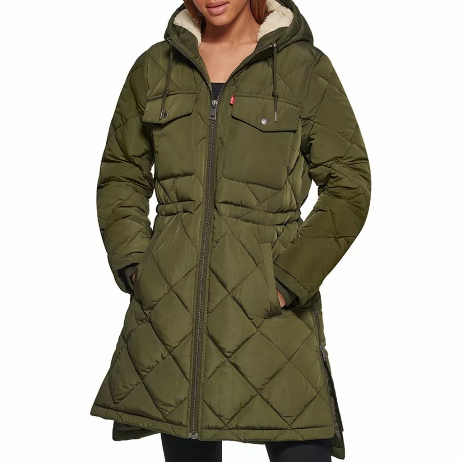 Clothing * | Women'S Levi'S Diamond Quilted Parka Coat Army Green