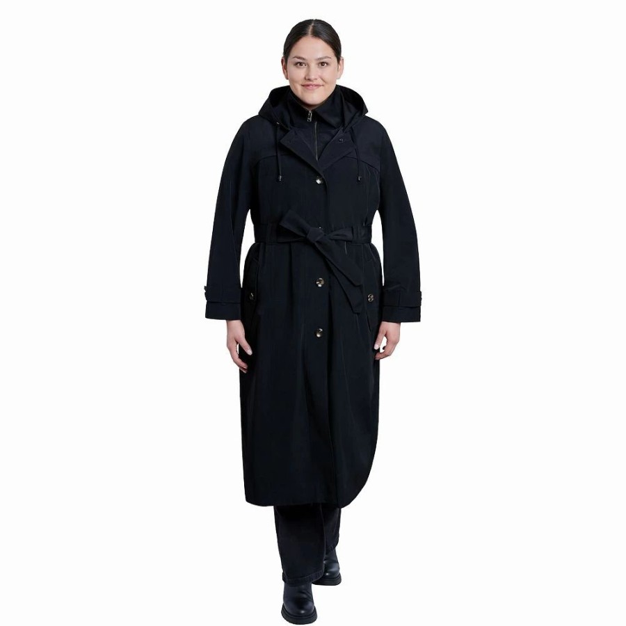 Clothing * | Plus Size London Fog Hood Inner-Bib Maxi Trench Coat