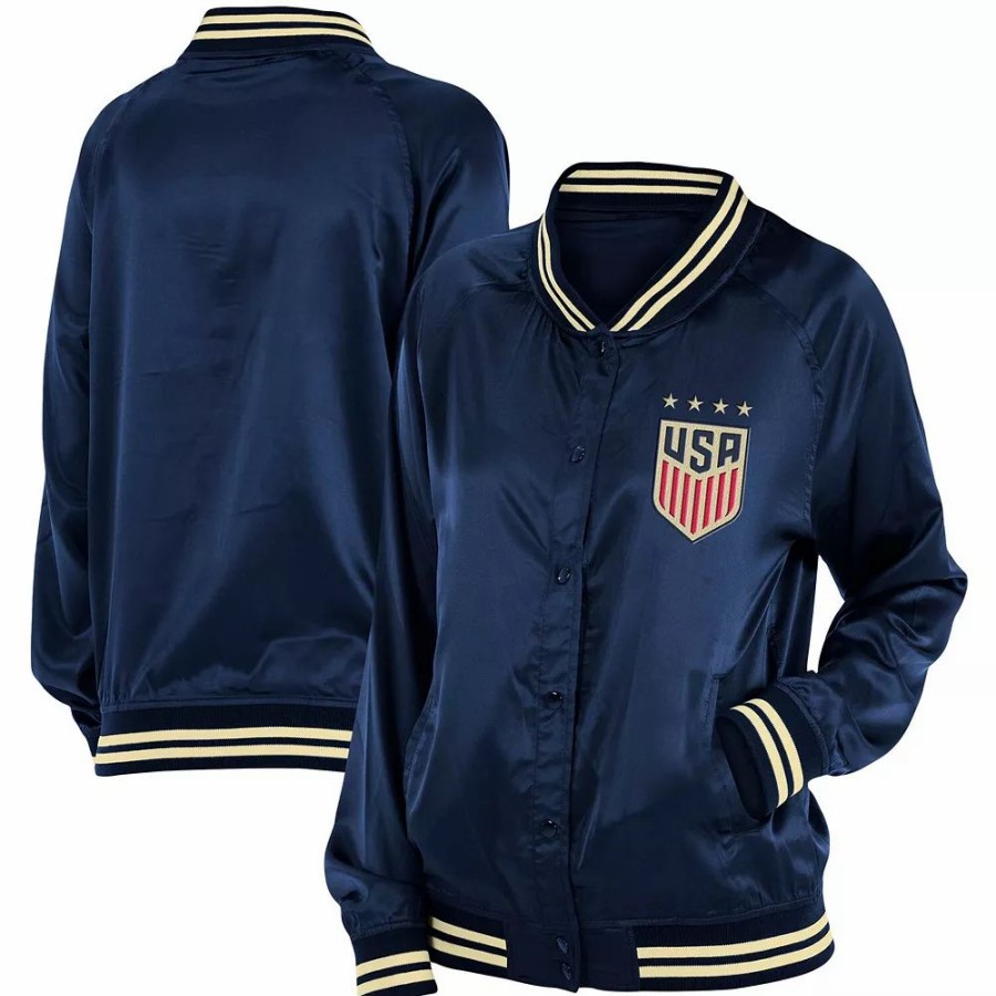 Clothing * | Women'S 5Th & Ocean By New Era Navy Uswnt Full-Snap Satin Jacket