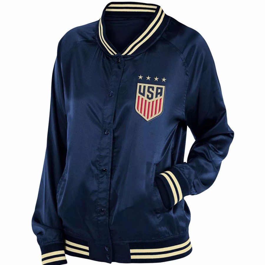 Clothing * | Women'S 5Th & Ocean By New Era Navy Uswnt Full-Snap Satin Jacket