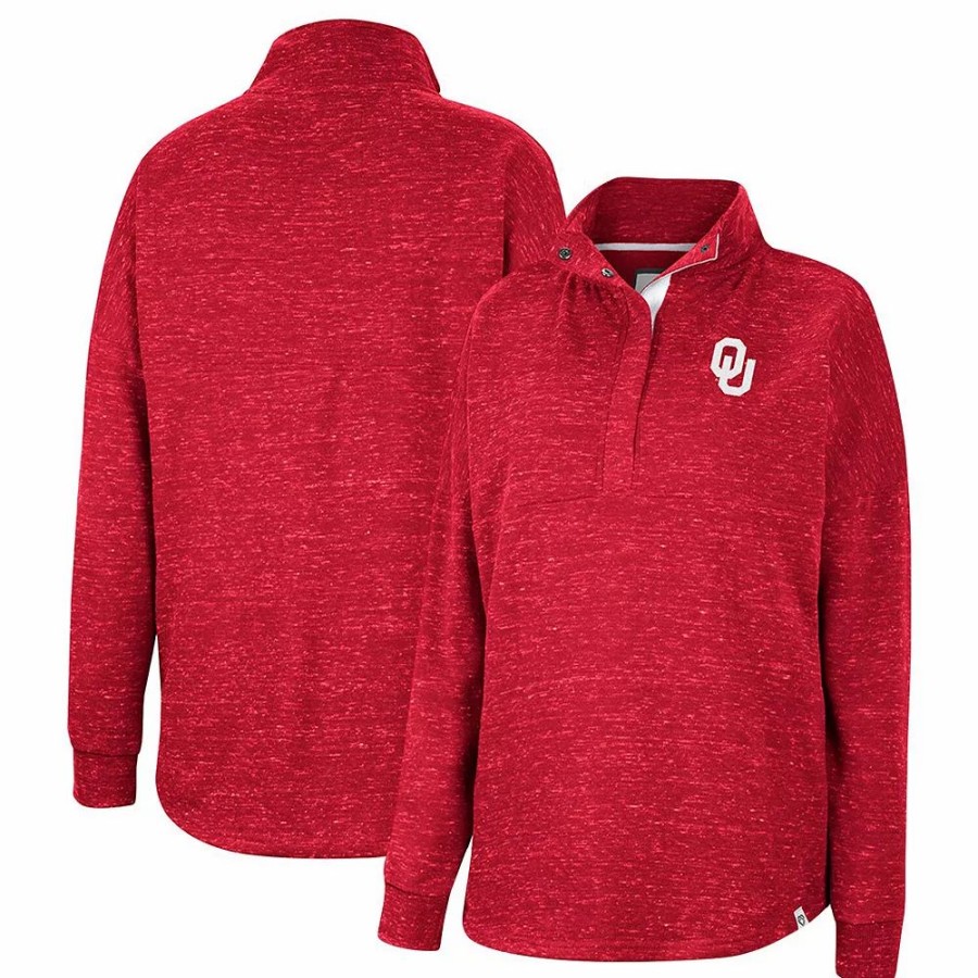 Clothing * | Women'S Colosseum Crimson Oklahoma Sooners Natalie Speckled Quarter-Snap Top